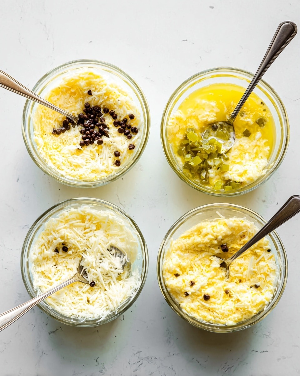 The image shows four clear glass bowls arranged in a loose square on a white marbled surface. Each bowl contains a mixture of shredded white cheese combined with a yellow liquid, likely eggs. The top left bowl has some dark brown or black round chips mixed in and a silver spoon resting inside. The top right bowl has chunks of green peppers mixed with the cheese and eggs, with a spoon inside. The bottom left bowl contains cheese and eggs with small black seeds or pepper and has a spoon resting inside. The bottom right bowl contains cheese and eggs without additional toppings and has two spoons inside. The bowls and spoons are clean, and the background is bright and simple. photo taken with an iphone --ar 4:5 --v 7