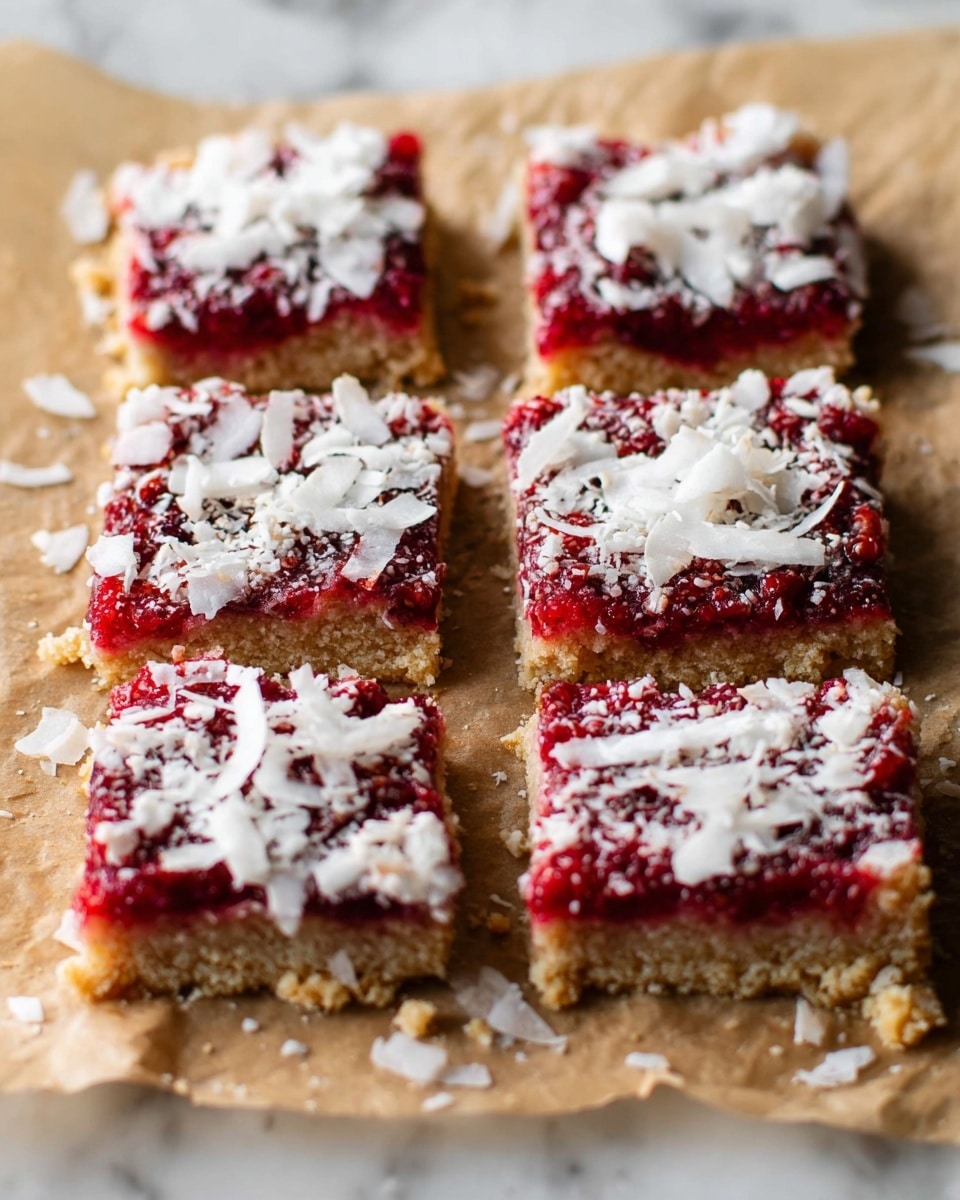 The image shows six square dessert bars laid out in two rows of three on brown parchment paper, placed on a white marbled surface. Each bar has three visible layers: at the bottom, there is a thick, coarse-looking golden-brown base with a crumbly texture; in the middle, a bright red, chunky berry layer spreads unevenly, showing bits of fruit and a glossy finish; on top, white shredded coconut flakes are scattered generously, adding a light and flaky texture. Crumbs are scattered softly around the sides of the bars, enhancing the homemade feel. The lighting highlights the contrast between the rich red berry and the bright coconut, emphasizing the textures clearly. photo taken with an iphone --ar 4:5 --v 7