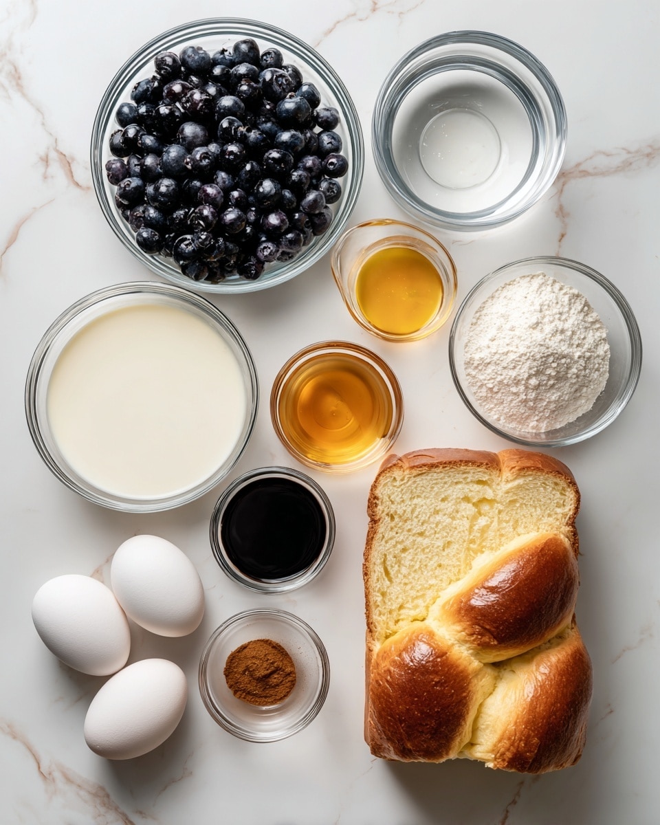 The image shows several ingredients neatly placed on a white marbled surface. There is a clear glass bowl filled with dark blue blueberries on the top left. To the right of it, a small clear bowl holds some water, followed by a white bowl filled with milk. Below these, from left to right, there are small clear glass bowls containing maple syrup, light golden agave syrup, and a small amount of cinnamon powder. Towards the bottom left, a clear bowl holds three white eggs and a small bowl with dark vanilla extract sits beside it. On the right side of the image, there is a sliced loaf of soft, light golden brioche bread. The overall layout is clean and organized, with all items clearly visible and labeled. photo taken with an iphone --ar 4:5 --v 7