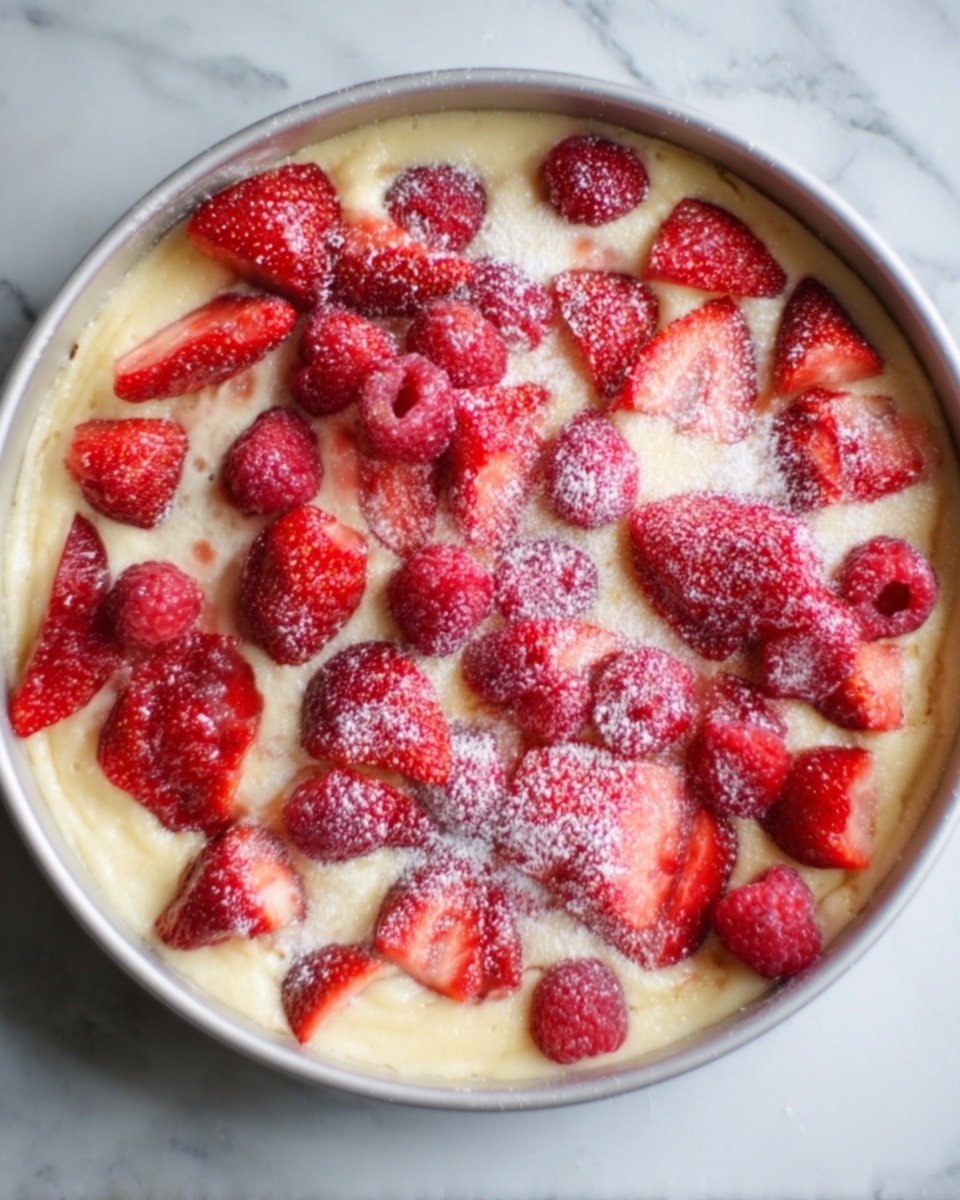 A round white plate filled with a thick, smooth light beige batter layer. On top, there are many bright red strawberries, some sliced and some whole, scattered evenly across the batter. The strawberries have a slightly shiny texture with a fine sprinkle of white powdered sugar over them. The plate sits on a white marbled surface. photo taken with an iphone --ar 4:5 --v 7