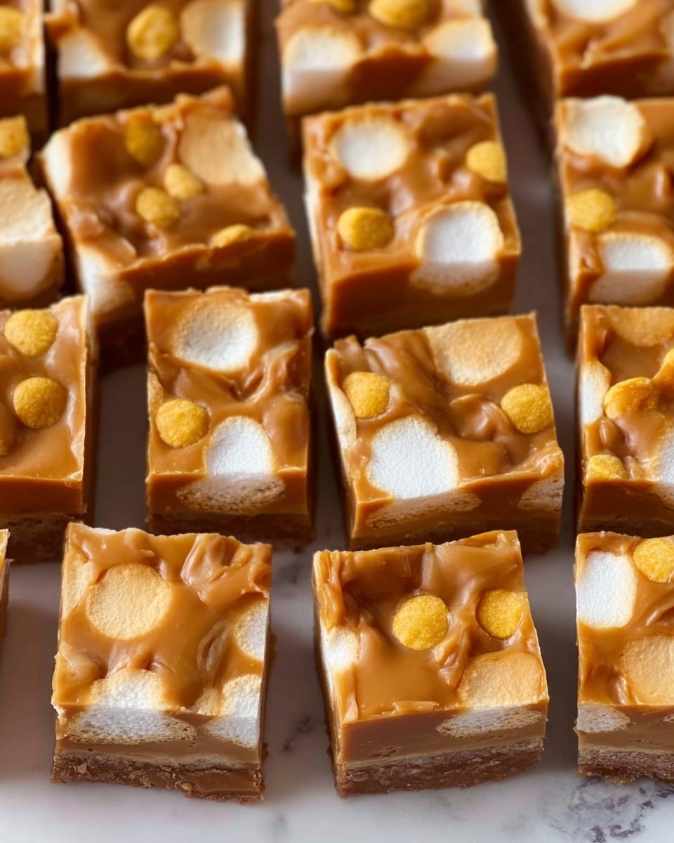 This image shows many square pieces of a dessert made of light brown caramel mixed with small white marshmallows. Each piece has a smooth caramel layer that holds the marshmallows tightly. One square is lifted above the others, showing the inside full of white marshmallows surrounded by caramel. The pieces are arranged closely on a white marbled surface. The caramel has a shiny, soft texture, while the marshmallows are soft and fluffy. The 3D look of the squares shows the thick caramel layer covering the marshmallows inside. photo taken with an iphone --ar 4:5 --v 7