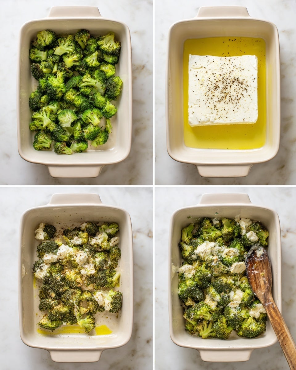 A white rectangular baking dish shows four stages of a broccoli and cheese recipe on a white marbled surface. In the first stage, there is one layer of small, bright green broccoli florets scattered evenly. The second stage adds a square block of white cheese with a smooth texture in the center, sprinkled with black pepper and drizzled with olive oil around. The third stage shows the broccoli slightly charred on the edges with the cheese softened but still in a block form, with some seasoning visible on top. In the final stage, the cheese and broccoli are mixed together with a wooden spoon, creating a creamy, textured mixture with green broccoli pieces and white cheese chunks soaked in olive oil. Photo taken with an iphone --ar 4:5 --v 7