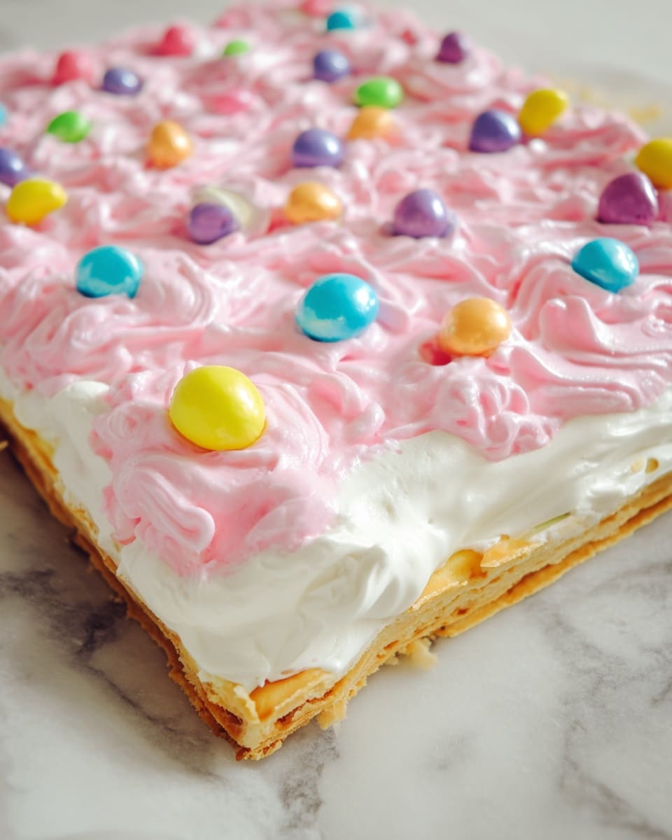 The image shows a three-layer dessert on a white marbled surface. The bottom layer is golden brown with a smooth, flat texture, likely a pastry or crust. On top, there is a thick white layer of creamy frosting spread evenly. The uppermost layer is a pink, whipped frosting with swirled, soft peaks. Scattered over the pink frosting are shiny, round candy pieces in bright colors including blue, green, yellow, purple, and pink, adding a playful touch. The edges of the dessert are slightly rough, and the entire dish looks freshly made. photo taken with an iphone --ar 4:5 --v 7