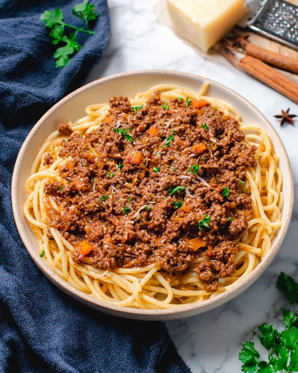 A white bowl filled with spaghetti noodles at the bottom layer, pale yellow and smooth in texture, topped with a thick layer of brown ground meat sauce mixed with small pieces of onions and tomatoes. Small green parsley leaves are scattered on top, adding contrast and freshness to the dish. The bowl sits on a white marbled surface, with cinnamon sticks and green leaves placed around it. Photo taken with an iphone --ar 4:5 --v 7