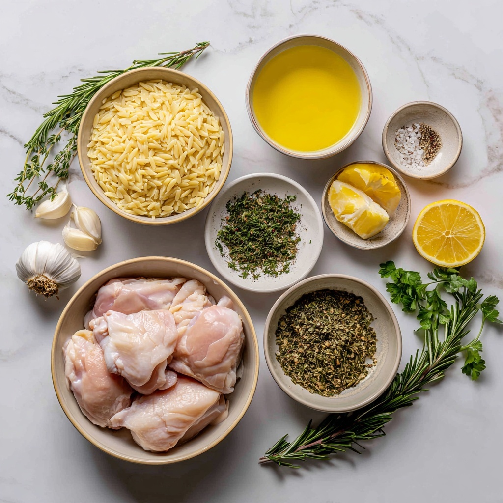 A close-up view of a dark pan filled with cooked orzo pasta as the base layer, golden yellow with a slightly glossy texture. On top of the orzo are several pieces of browned, crispy chicken pieces with a rich, dark golden crust, each piece garnished with chopped green herbs scattered over both the chicken and orzo. The herbs add spots of bright green color across the dish. The lighting highlights the texture of the crispy chicken skin and the shine of oil on the pasta. The background shows the edge of the pan with a slight blur, and the entire image rests on a white marbled surface. Photo taken with an iphone --ar 4:5 --v 7