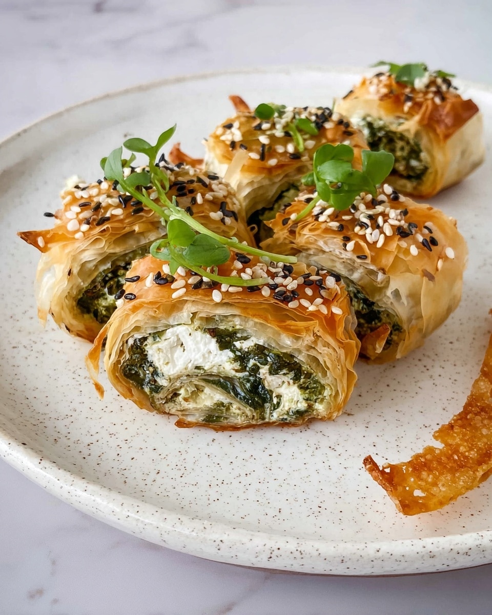 The dish shows five small rolled pieces made of thin golden brown layers of flaky pastry on a white speckled plate, each filled with a creamy mixture of chopped green spinach and white cheese. The pastry layers are crispy and have white and black sesame seeds sprinkled on top. Some fresh green herbs are placed on top as garnish. A piece of crispy pastry is placed beside the rolls on the white marbled surface. photo taken with an iphone --ar 4:5 --v 7