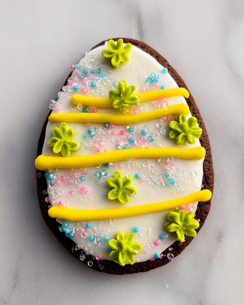 A dark brown egg-shaped cookie sits on a white marbled surface. It is topped with a smooth layer of white icing that covers the whole cookie. Over the white icing, there are three horizontal yellow icing lines spaced evenly from top to bottom. Small green flower-shaped decorations are placed along these yellow lines, with a few scattered between them. The whole cookie is also sprinkled with small, shiny sugar crystals in white, pink, and blue, adding a sparkling effect. Photo taken with an iphone --ar 4:5 --v 7