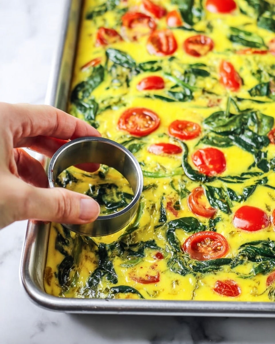 The image shows a close-up of a silver baking tray filled with a bright yellow egg mixture, mixed with dark green spinach leaves and halved red cherry tomatoes. A woman's hand is holding a round metal cutter pressing into the egg mixture near the bottom left of the tray. The egg layer looks soft and slightly cooked, while the spinach and tomatoes are evenly spread throughout. The background is a white marbled surface. Photo taken with an iphone --ar 4:5 --v 7