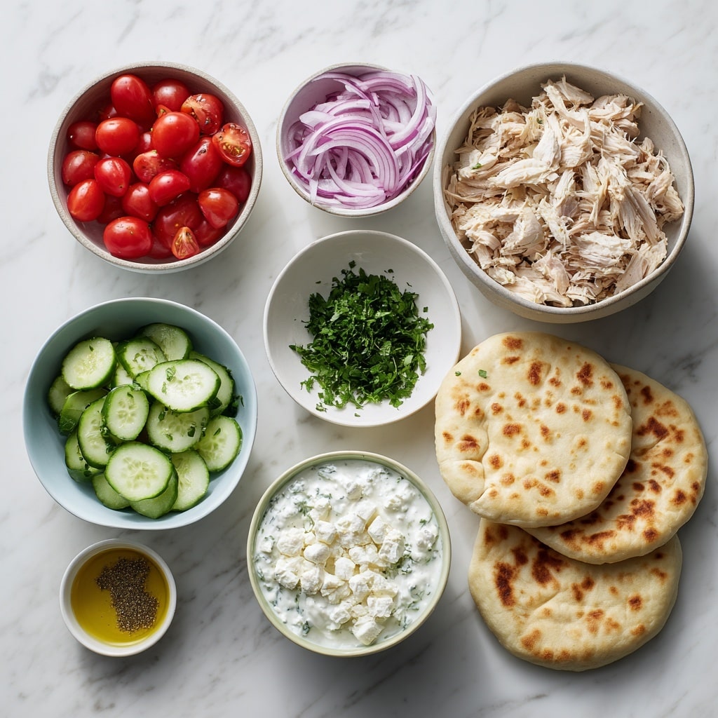 The image shows two small flatbreads on a white plate with a white marbled surface underneath. Each flatbread has three layers: the first layer is a spread of creamy white sauce with green herbs, covering the flatbread fully; the second layer is shredded light-colored meat spread evenly; the third layer is topped with halved bright red cherry tomatoes, round slices of green cucumber, thin slices of purple onion, and small crumbles of white cheese, all sprinkled with fresh green herbs. The flatbreads are slightly toasted with light golden-brown edges. Photo taken with an iphone --ar 4:5 --v 7