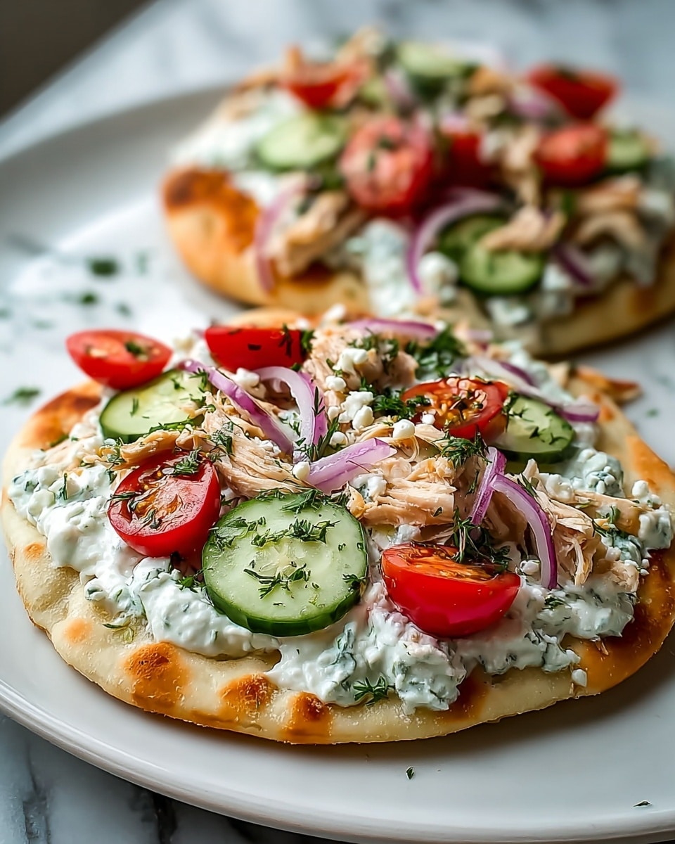 Two flatbread rounds sit on a white plate on a white marbled surface. Each flatbread has a crunchy light brown base. On top of the base there is a creamy white layer with green herb specks spread evenly. Next, there are pieces of shredded light beige chicken scattered lightly, followed by thin slices of cucumber that are light green with dark green edges. There are halved bright red cherry tomatoes placed around, along with thin slices of purple onion. White crumbled cheese is sprinkled over everything, finished with fresh green chopped herbs spread on top and around the plate. The photo taken with an iphone --ar 4:5 --v 7