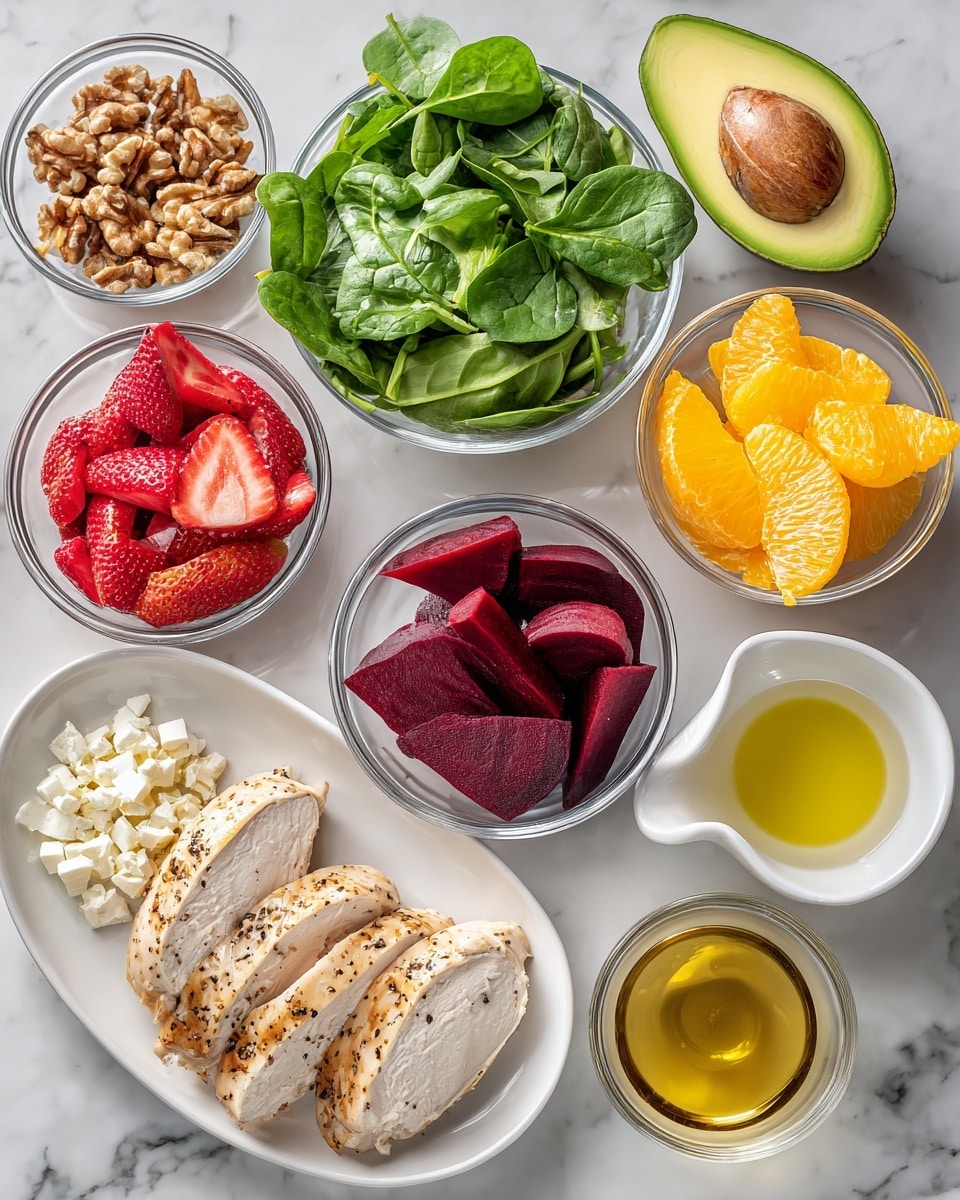 A clear glass bowl holds a colorful layered salad arranged in neat sections on top of fresh green spinach leaves. Starting from the top left, bright orange mandarin slices form a thick cluster next to a pile of light brown walnut halves. Moving clockwise, pieces of light golden cooked chicken sit beside chunks of light green avocado sprinkled with more walnuts. Below the avocado, fresh red strawberry halves add a vibrant pop of color next to crumbled white goat cheese. Dark purple beet slices complete the circle, resting next to the mandarin slices. The bowl is placed on a white marbled surface. Photo taken with an iphone --ar 4:5 --v 7