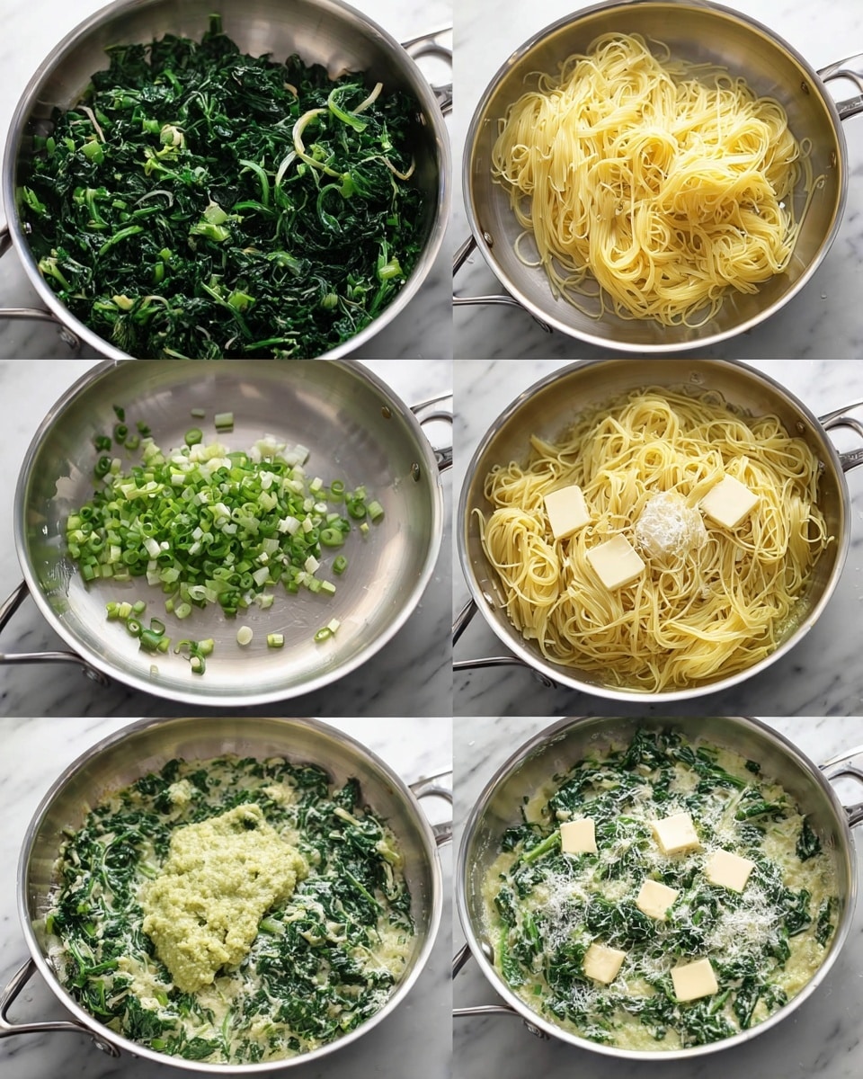 The image shows two white bowls on a white marbled surface. The bowl on the left has two raw eggs with bright yellow yolks resting on top of chopped green herbs, white cheese, ground black pepper, and yellow lemon zest, all arranged in separate small piles. The bowl on the right shows the same mix fully mixed into one thick, yellowish-green mixture speckled with bits of herbs and cheese, with a silver spoon partly visible inside. Photo taken with an iphone --ar 4:5 --v 7