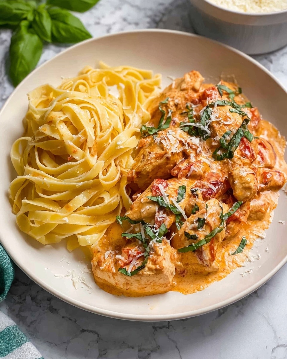 A white plate holds a nest of pale yellow fettuccine noodles arranged in a loose swirl on the left side. On the right side, there are several pieces of light brown cooked chicken covered in a creamy orange sauce with small red tomato pieces and green basil leaves scattered on top. The sauce has a smooth texture and is sprinkled with white grated cheese. The background is a white marbled texture with a green basil leaf and a white bowl visible faintly in the upper part of the image. photo taken with an iphone --ar 4:5 --v 7