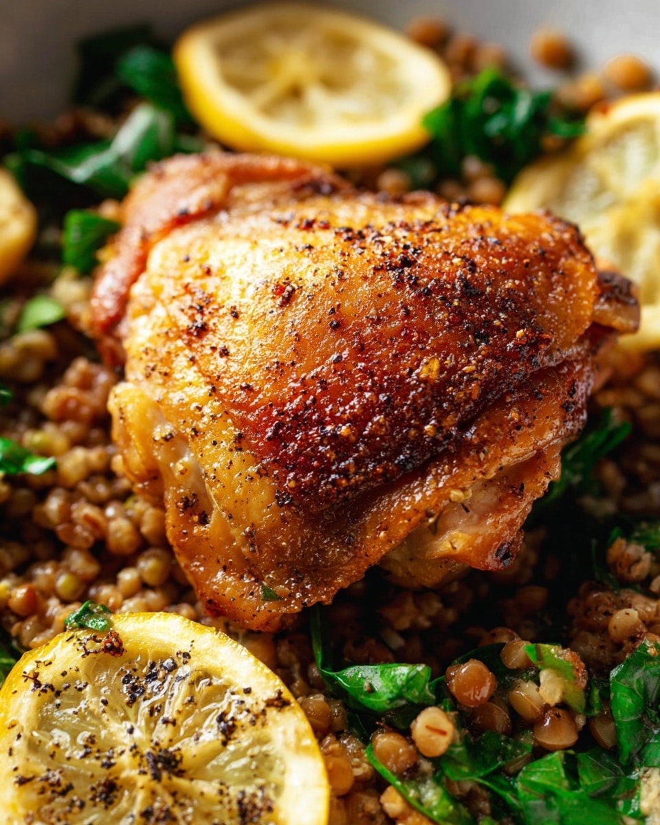 A black cast iron pan filled with three browned cooked chicken pieces placed on a bed of brown rice mixed with small green herbs. Thin lemon slices are scattered on top, some resting under the chicken, showing bright yellow and white colors. Small dark red dried chili pieces are also spread around the dish, adding contrast. The pan is placed on a white marbled surface with a woman's hand holding the handle at the bottom left corner. The overall look is warm and rustic with a mix of earthy tones and bright citrus highlights photo taken with an iphone --ar 4:5 --v 7