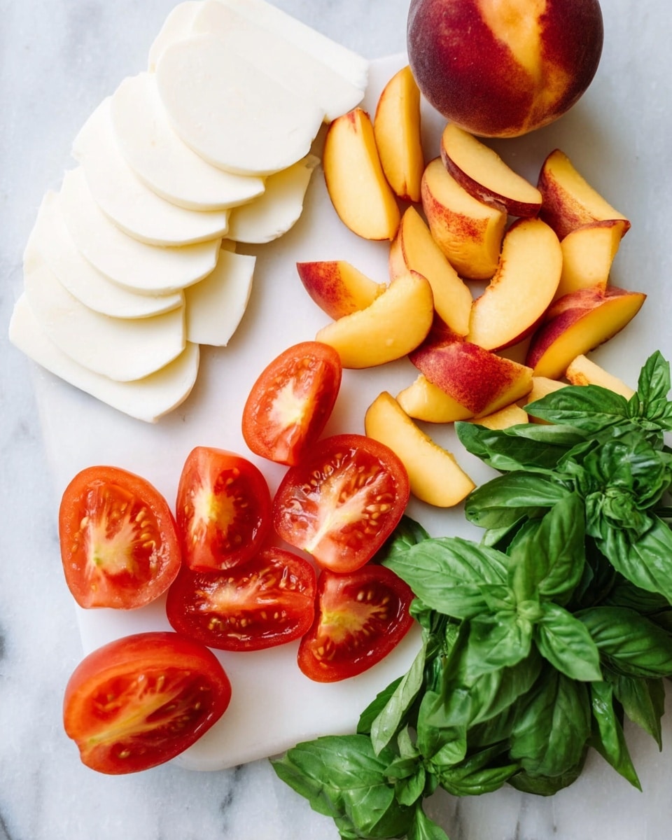 The image shows a white marble surface with five groups of fresh ingredients arranged separately. On the top left, there are eight smooth white slices of cheese stacked slightly overlapping each other. To the right of the cheese, there is one whole peach and many peach wedges with a deep red and yellow color, arranged loosely. Below the peach wedges, several tomato sections with bright red skin and juicy interiors are placed in a small cluster. To the left of the tomato slices, one whole reddish-orange tomato is visible. On the bottom right, a bunch of green basil leaves with a fresh look adds vibrant color to the scene. Photo taken with an iphone --ar 4:5 --v 7