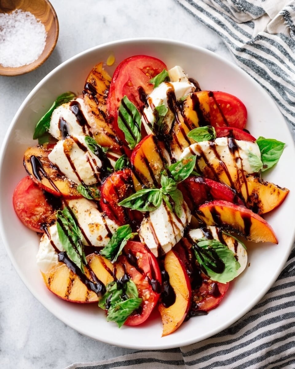 A white bowl holds layers of sliced fresh tomatoes in bright red, creamy white mozzarella pieces, and grilled peach slices showing golden orange with browned grill marks. There are green basil leaves scattered on top for contrast. A dark balsamic glaze is drizzled over everything, creating thin shiny lines across the colorful layers. The bowl sits on a white marbled surface with a small bowl of salt and a striped cloth nearby. Photo taken with an iphone --ar 4:5 --v 7