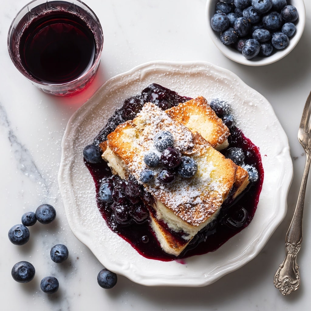 On a white scalloped plate, there is a serving of baked dessert made of golden brown bread layers mixed with dark purple blueberry sauce that oozes around and inside the bread. The top layer is golden and slightly crispy, dusted with fine powdered sugar. Whole blueberries are scattered on and around the dessert. The plate sits on a white marbled surface with a few loose blueberries around it. In the top left corner, there is a clear glass filled with a dark red drink, and in the bottom left, a round white bowl with fresh blueberries is partially visible. photo taken with an iphone --ar 4:5 --v 7