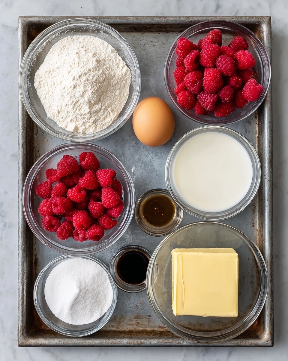 A metal tray contains several small clear glass bowls arranged in rows with different ingredients inside. In the top row from left to right, there is a bowl full of white flour, a single brown egg, a bowl with white milk, and a bowl full of fresh red raspberries. The middle row has a small bowl with white powder, likely baking powder or baking soda, and another bowl with white granulated sugar. The bottom row includes a small bowl with dark brown vanilla extract and a bowl with a light yellow block of butter. All items are neatly spaced on a rustic-looking metal tray placed on a white marbled surface. photo taken with an iphone --ar 4:5 --v 7