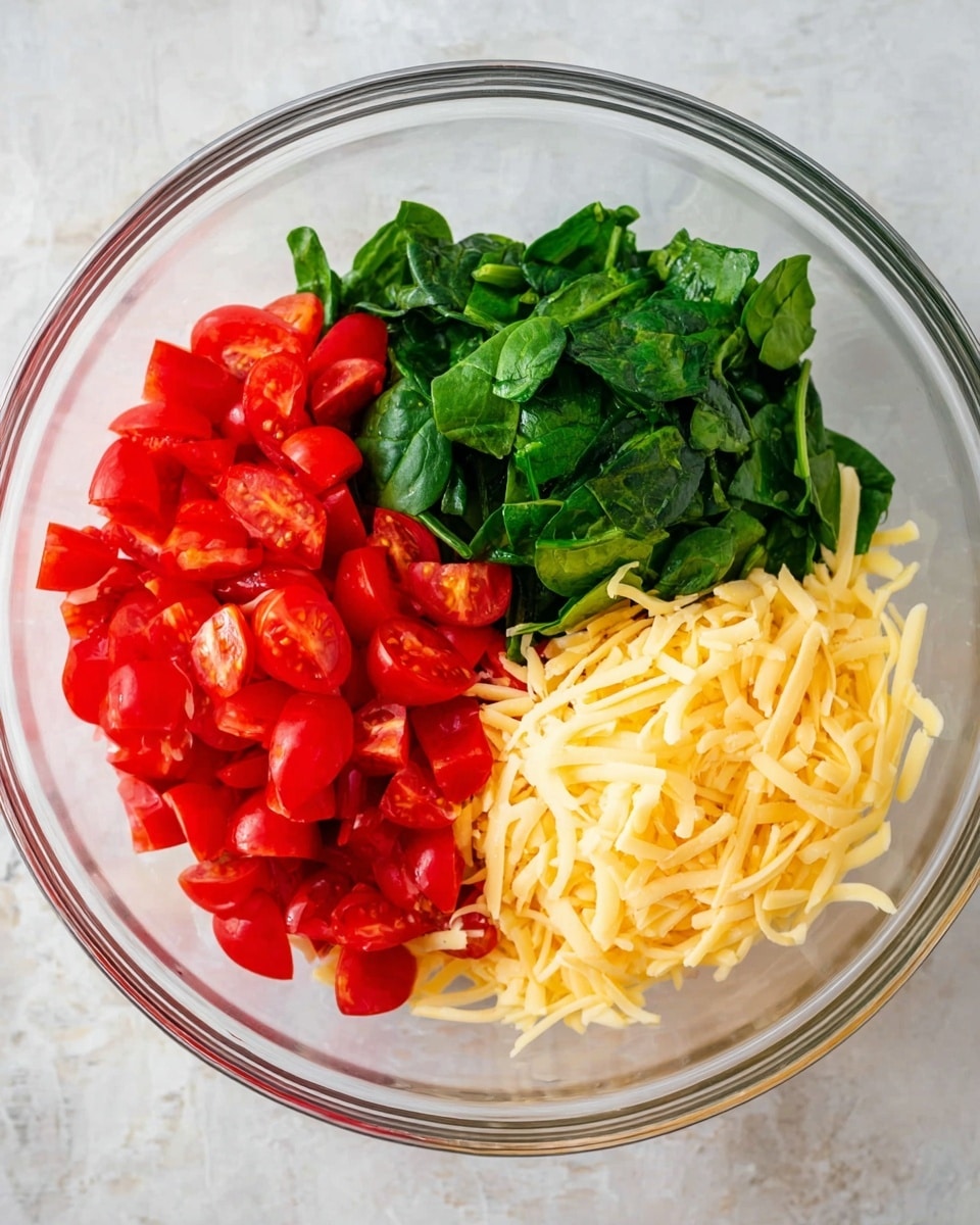 A clear glass bowl placed on a white marbled surface holds three separate layers of ingredients. On the left side, there are bright red chopped tomatoes and small cherry tomato halves with a juicy texture. The middle section contains fresh, dark green spinach leaves, roughly chopped, showing a leafy texture. On the right side, there is a pile of shredded pale yellow cheddar cheese with a soft texture. The bowl’s layers are clearly defined with the vibrant colors contrasting against each other. Photo taken with an iphone --ar 4:5 --v 7