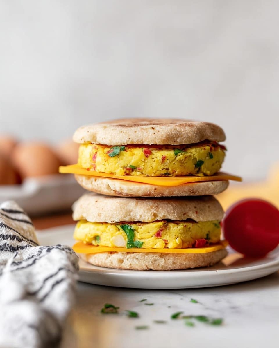 The image shows two stacked breakfast sandwiches placed on a white plate with a white marbled surface underneath. Each sandwich has three main layers: the top and bottom layers are light brown flatbreads with a soft texture and some visible grains on the surface. The middle layers each have a thick yellow egg patty with small pieces of green herbs and red bits, giving it a textured appearance. Between the egg patty and the top flatbread, there is a thin, smooth, bright orange slice of cheese. There is a half cherry tomato near the plate, and a blurred kitchen towel with black and white stripes is in the foreground. The background is plain and softly lit. Photo taken with an iphone --ar 4:5 --v 7