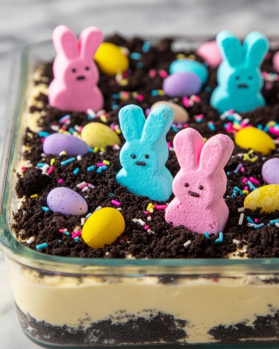 The image shows a clear rectangular glass dish filled with a creamy light yellow layer at the bottom. On top of this is a thick layer of crumbled dark chocolate cookies that look like soil. Scattered brightly on this