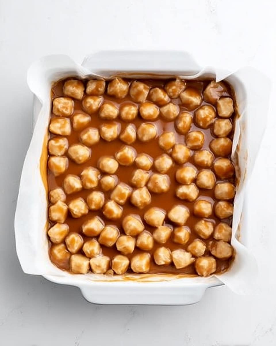 A white square ceramic dish lined with white parchment paper is filled with two layers: the base layer is creamy and brown with a smooth texture, and the top layer consists of small, round, soft dough pieces evenly spread across the dish, coated with the same brown sauce, giving a shiny appearance. The dish is placed on a white marbled surface. photo taken with an iphone --ar 4:5 --v 7