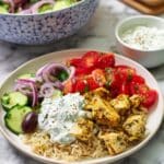 Instant Pot Chicken Souvlaki Rice with Greek Salad and Tzatziki Recipe