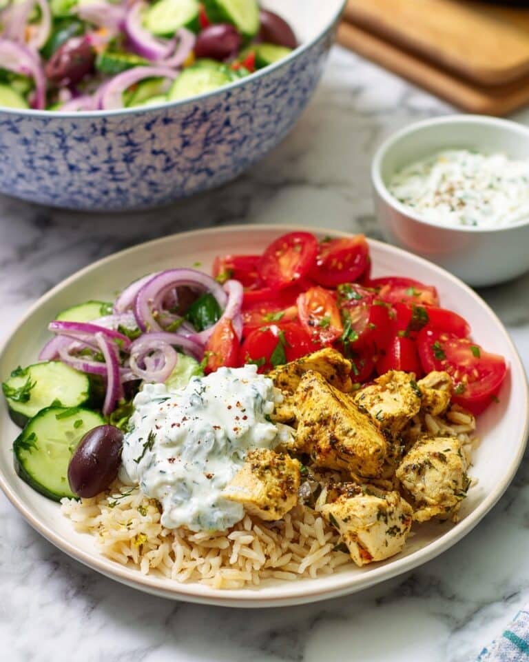 Instant Pot Chicken Souvlaki Rice with Greek Salad and Tzatziki Recipe