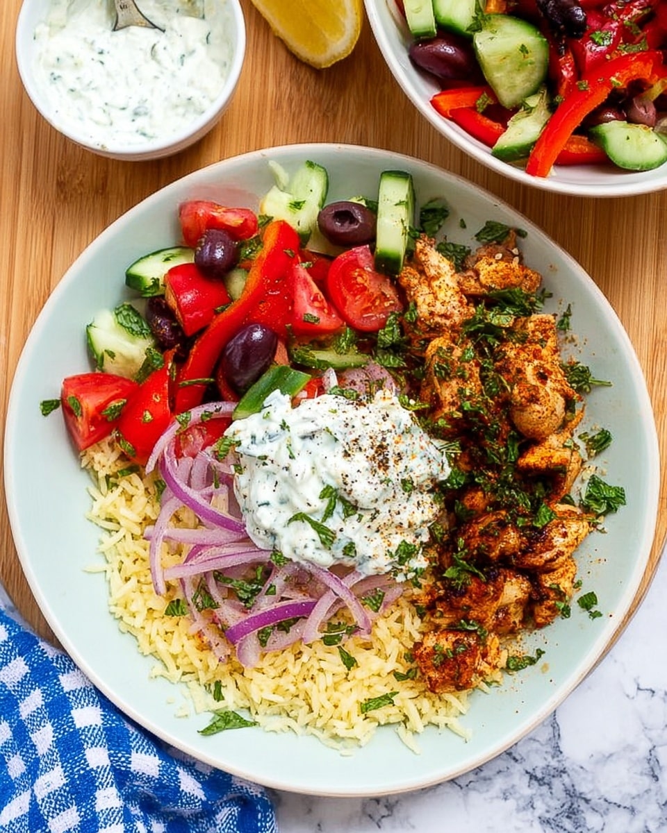 On a white plate, there is a bed of light yellow rice topped with browned, seasoned chicken pieces on the right half. On the left half, there is a fresh, colorful salad made of red tomato wedges, green cucumber slices, dark olives, bright red bell pepper strips, thin purple onion slices, and green herbs scattered on top. A dollop of white, creamy sauce with green herbs and cracked black pepper is placed in the center, partly on the rice and salad. Around the plate, there are extra tomato wedges and olives. The plate sits on a white marbled surface with a blue and white checkered cloth partially visible at the bottom left. A small white bowl with creamy white sauce sits at the top left, and a white bowl filled with the same colorful salad is partially shown at the top right. photo taken with an iphone --ar 4:5 --v 7