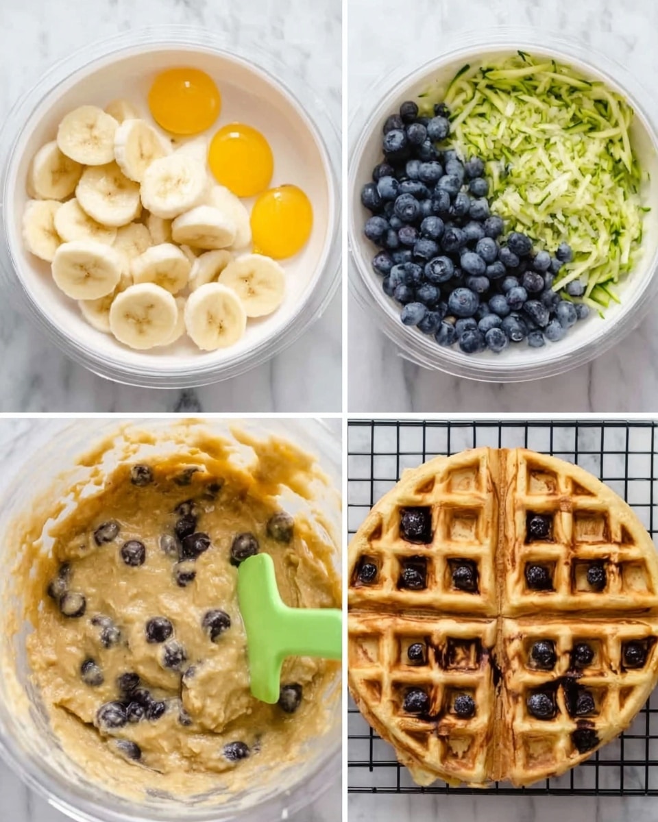 The image shows four stages of making a blueberry banana waffle. The first layer is a white bowl with sliced bananas and raw egg yolks, arranged neatly on the side. The second layer features another white bowl with half filled with fresh blueberries and the other half with green shredded zucchini, both ingredients separated clearly. The third layer shows the same bowl with a thick, mixed batter containing blueberries and visible banana bits, stirred by a green spatula. The last layer displays two cooked golden waffles on a black cooling rack, dotted with blueberries inside the waffle grids, with one waffle slightly cut to show the inside. All items rest on a white marbled surface. photo taken with an iphone --ar 4:5 --v 7