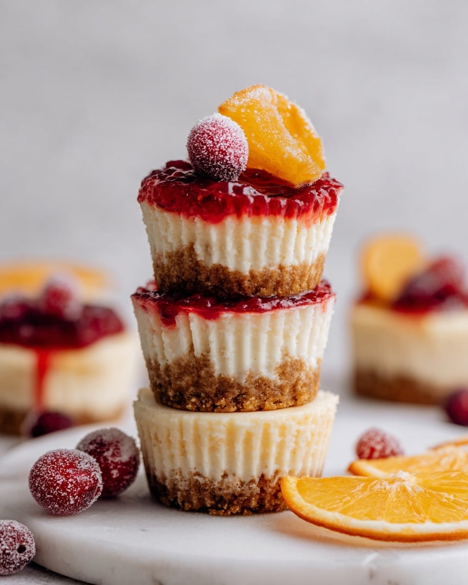 Three mini cheesecakes stacked on top of each other on a white plate with a white marbled texture. Each cheesecake has a thick, crumbly brown base and a smooth, light cream-colored layer. The top mini cheesecake is covered with a glossy red fruit topping, decorated with a sugared red cranberry and a slice of dried orange placed at an angle. Around the plate, there are a few more sugared cranberries and another mini cheesecake in the background with similar decoration. The overall look is clean and bright with soft lighting. Photo taken with an iphone --ar 4:5 --v 7