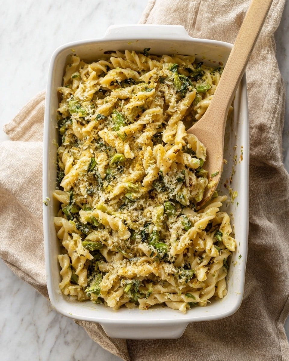 A white rectangular baking dish holds a single layer of short twisted pasta mixed evenly with small green vegetable pieces and light creamy sauce with visible Parmesan or breadcrumb bits on top, giving a slightly rough texture. A wooden spoon with light natural wood color is resting inside the dish stirring the pasta. The dish is placed on a beige cloth with a white marbled surface underneath. photo taken with an iphone --ar 4:5 --v 7