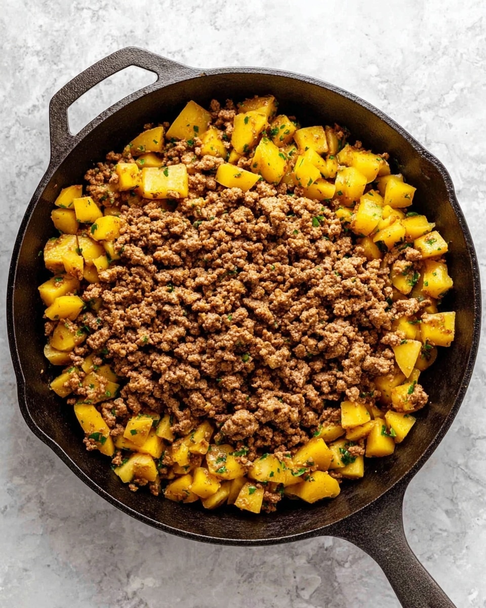 A black cast iron pan filled with two main layers; the bottom layer is made of small yellow potato cubes mixed with finely chopped green herbs, showing a textured and slightly shiny look from cooking oil and seasoning, while the top layer consists of cooked, crumbled ground beef in a brown color with a coarse texture, spread evenly over the potatoes. The pan sits on a white marbled surface. photo taken with an iphone --ar 4:5 --v 7