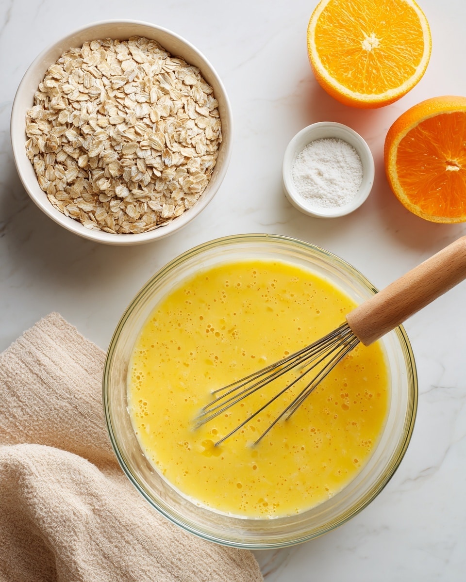 A clear glass bowl is placed in the center on a white marbled surface, filled with a yellow liquid mixture that has a smooth texture with some small pieces visible. Inside the bowl, there is a whisk with a wooden handle resting at an angle. Above and to the left is a white bowl filled with rolled oats, showing their light tan color and rough texture. To the right of the glass bowl, there is a small white container with a white powder inside, and near it, two whole oranges—one is cut in half displaying its bright orange interior and juicy texture. A light beige cloth is placed partially under the oats bowl on the left side. Photo taken with an iphone --ar 4:5 --v 7