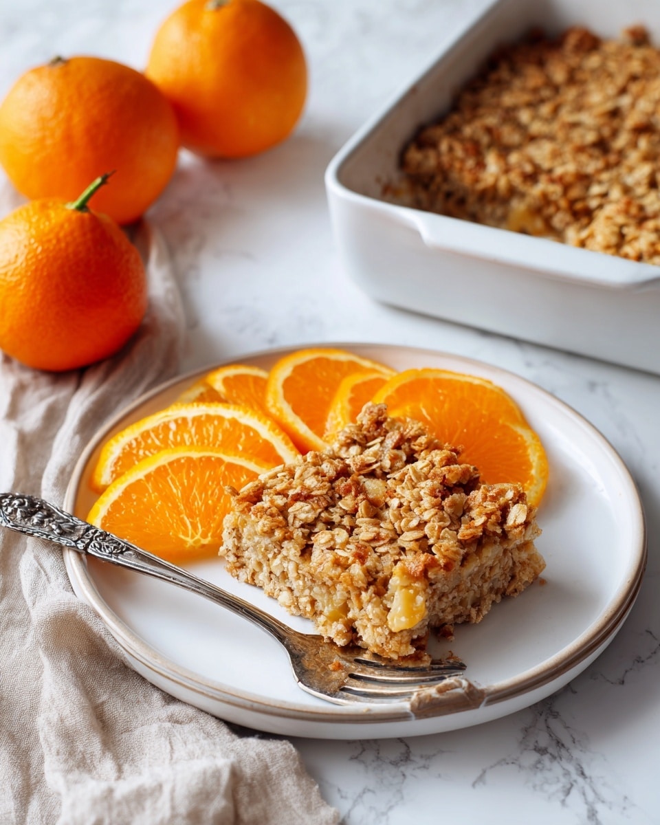 The image shows a white plate with a single square slice of golden brown baked oat bar that has a rough, crumbly texture mixed with creamy melted bits. The oat bar sits on top of several bright orange segments arranged neatly to the side. A silver fork with an ornate handle rests on the plate, partially touching the orange slices. In the background, there is a white baking dish containing the rest of the oat bar and two whole fresh oranges on a white marbled surface. A beige cloth napkin is also partially visible near the plate. photo taken with an iphone --ar 4:5 --v 7