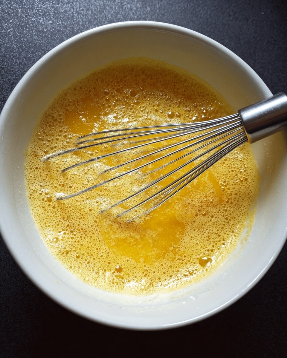 A close-up image shows a white bowl filled with a thick, bubbling yellow mixture that appears to be melted butter or a similar liquid. A metal whisk with a shiny handle is partially immersed in the mixture, with the wires coated in the yellow liquid. The white bowl sits against a dark background, and the yellow liquid has a frothy texture around the edges. Photo taken with an iphone --ar 4:5 --v 7