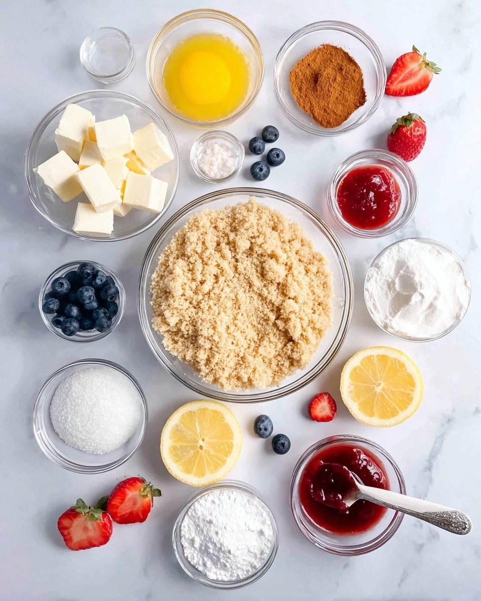 The image shows various ingredients arranged neatly on a white marbled surface. There is a large clear glass bowl in the center filled with light brown crumbly mixture. Surrounding it are smaller clear bowls holding bright yellow egg yolks with egg whites, white cubes of butter, white powder (likely flour or sugar), cinnamon powder, and a red jam-like substance in a white small bowl with a spoon. Fresh strawberry halves and blueberries are scattered around the bowls for decoration. There are two lemon halves placed on the surface near the bowls, adding a pop of yellow. The overall setup is clean and bright with well-defined colors and textures. photo taken with an iphone --ar 4:5 --v 7