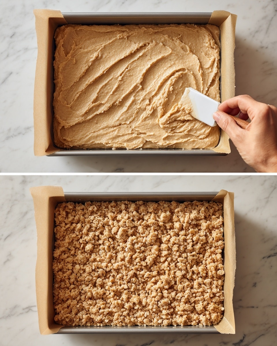 Two images show a baking pan lined with parchment paper placed on a white marbled surface. The first image shows a thick layer of chunky, light brown batter with creamy texture spread evenly inside the pan, and a woman's hand holding a spatula smoothing the batter surface. The second image shows the same batter layer, now topped with a scattered layer of crumbly oat clusters in light golden brown color, giving a rough texture on top, filling the pan evenly. photo taken with an iphone --ar 4:5 --v 7