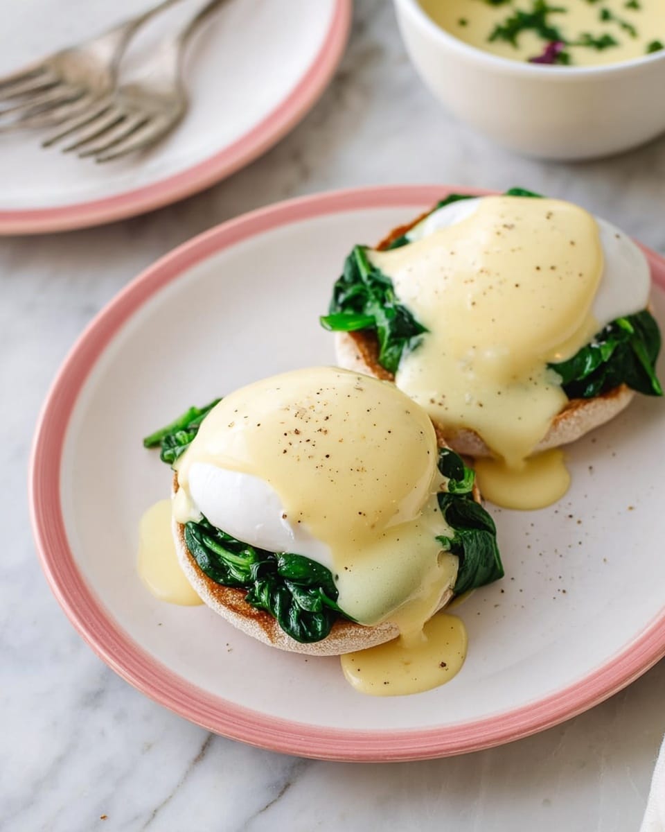 Two eggs Benedict are presented on a round white plate with a light pink tint. Each serving has three layers: the bottom layer is a toasted English muffin with a slightly browned, soft texture; on top is a layer of wilted green spinach leaves, rich in color and slightly glossy; the top layer consists of a white poached egg, smooth and soft, covered in a creamy pale yellow hollandaise sauce that drips slightly onto the plate. Small black pepper specks are sprinkled on the sauce. The plate sits on a white marbled surface, next to a white bowl filled with creamy pale yellow hollandaise sauce garnished with small green herbs. A woman's hand holding a fork is partially visible near the top left corner. photo taken with an iphone --ar 4:5 --v 7
