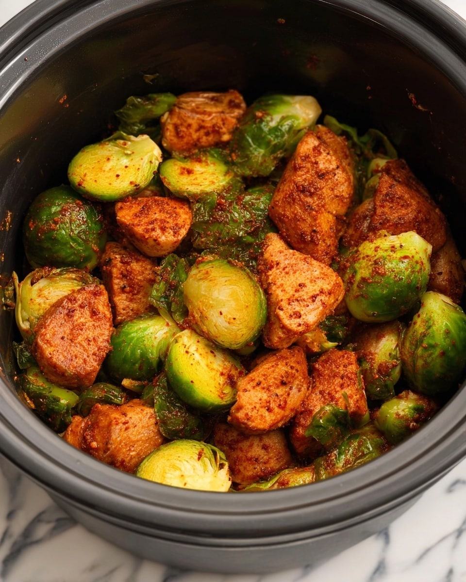 A close-up view of cooked food in a black pot shows two main layers: on the bottom, several halved Brussels sprouts with bright green and yellowish tones, some leaves separated but mostly firm and rounded; on top, many pieces of cooked meat chunks, with a reddish-brown color and a slightly rough texture from spices, scattered evenly among the vegetables. The inside of the pot is dark, contrasting with the rich colors of the food. The background is a white marbled texture. photo taken with an iphone --ar 4:5 --v 7