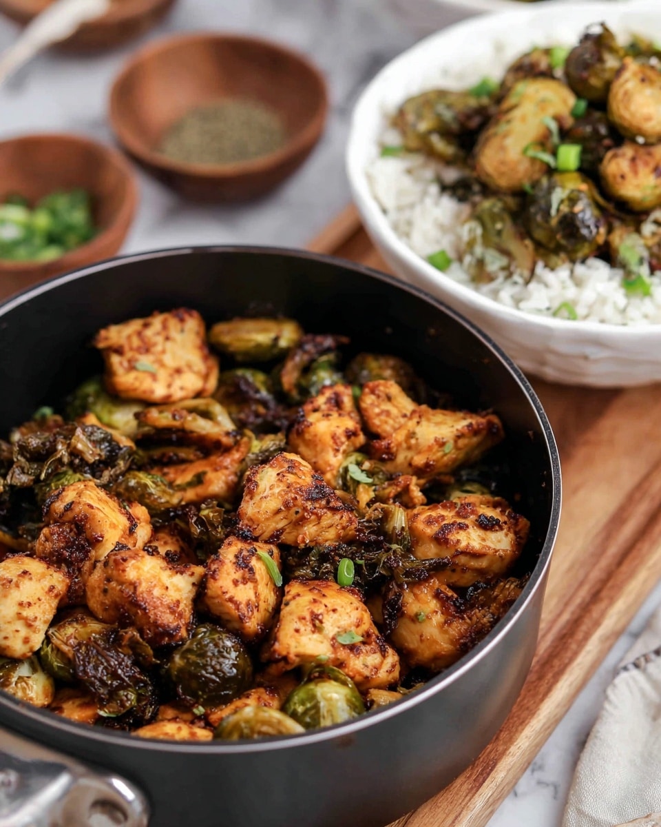 A close-up view of a black pot filled with golden-brown seasoned chunks of chicken mixed with roasted Brussels sprouts that have crispy, darkened edges, showing a contrast between the tender chicken and crunchy vegetables. In the background, there is a white bowl with more of the same chicken and Brussels sprouts served on a layer of fluffy white rice, sprinkled lightly with chopped green onions. The setting includes a few small wooden bowls with herbs or spices on a wooden table, all placed on a white marbled surface. The photo taken with an iphone --ar 4:5 --v 7