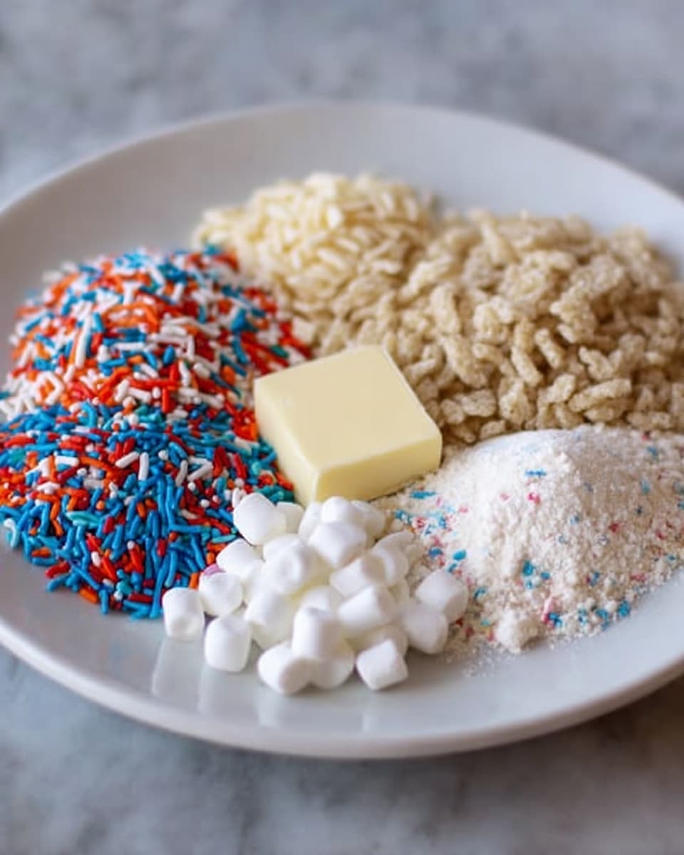 A white plate with six small piles of ingredients arranged in a circle. Starting from the front and moving clockwise, there is a pile of colorful long sprinkles with red, blue, orange, white, and green colors, followed by a pile of beige crispy cereal pieces with a rough texture. Next, a pile of small white marshmallows, then a square of light yellow butter, and a mound of white powder with tiny red and blue specks mixed in. All are sitting on a smooth white marbled surface. Photo taken with an iphone --ar 4:5 --v 7