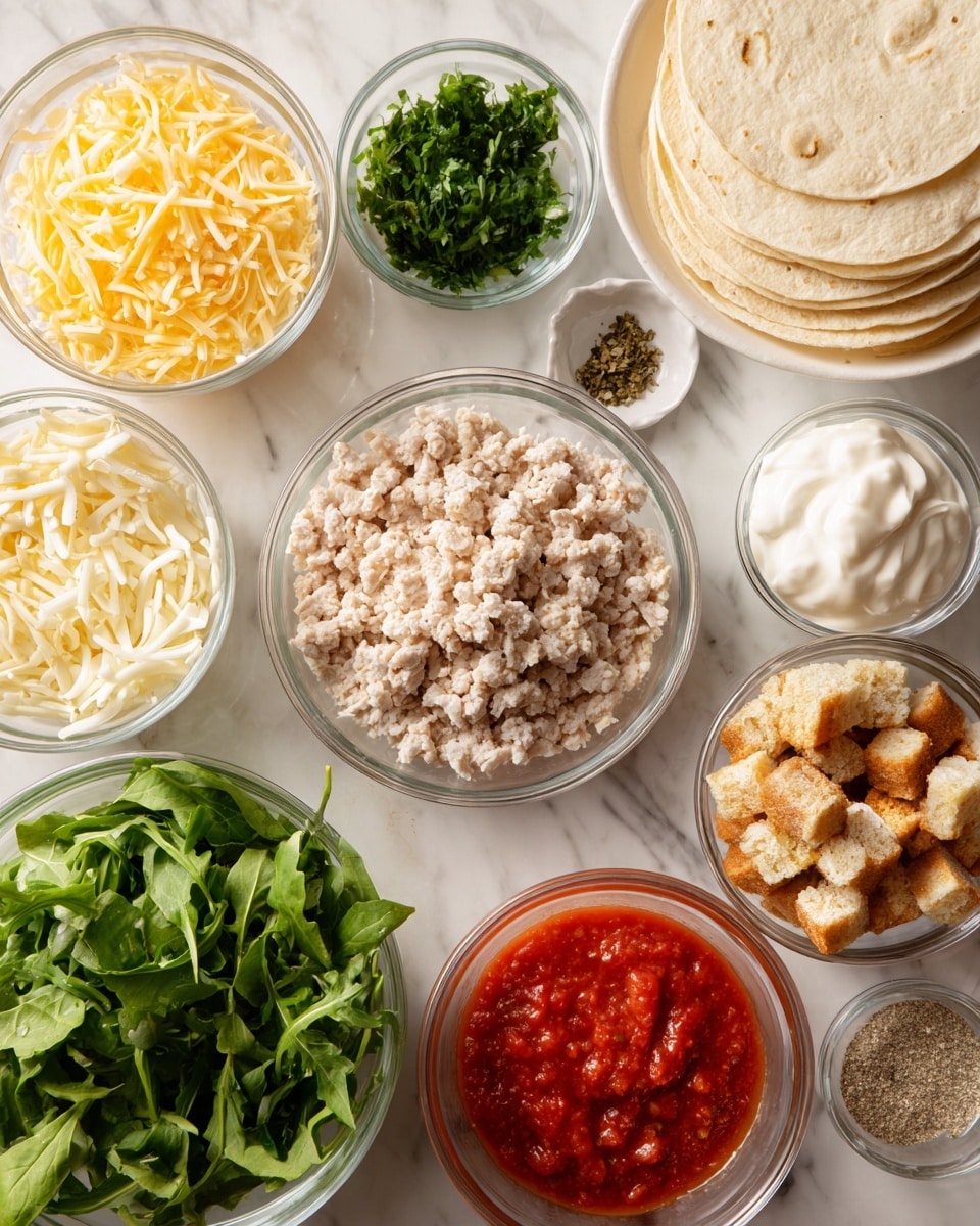 The image shows multiple clear glass bowls arranged on a white marbled surface, each filled with different ingredients. At the top right, there are soft, light cream-colored street taco tortillas stacked flat. Below them, there is a small bowl with light yellow shredded parmesan cheese and next to it, a bowl with bright green fresh basil leaves chopped. To the left, a bowl holds pale pink ground chicken with a slightly coarse texture, surrounded by smaller bowls with finely minced yellow garlic, finely chopped white onion, and shredded off-white mozzarella cheese slices. Further left are small bowls filled with a thick white mayo dollop and a mix of coarse white kosher salt and black pepper. At the bottom left, there is a white bowl filled with fresh green arugula leaves, and at the bottom right, a bowl with crushed light brown croutons and another bowl with vibrant red marinara sauce complete the selection. photo taken with an iphone --ar 4:5 --v 7