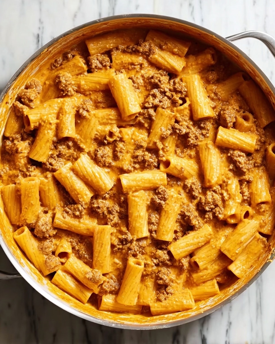A large pot filled with rigatoni pasta mixed evenly with a creamy orange sauce and browned ground meat scattered throughout, the rigatoni pieces are coated in the sauce and arranged in a somewhat random pattern, the sauce appears thick and smooth with small chunks of meat visible on the surface, all set on a white marbled surface. photo taken with an iphone --ar 4:5 --v 7