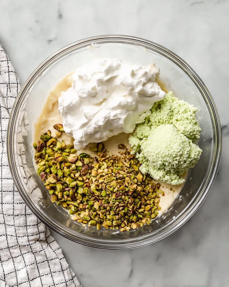 A clear glass bowl sits on a white marbled surface, inside it there are four distinct parts: a base layer of light beige creamy mixture spread evenly, a pile of chopped green pistachios near the top center, a dollop of fluffy white whipped cream on the left side, and a spoonful of light green whipped mixture on the right side. A white cloth with a black grid pattern is placed next to the bowl on the left side. photo taken with an iphone --ar 4:5 --v 7