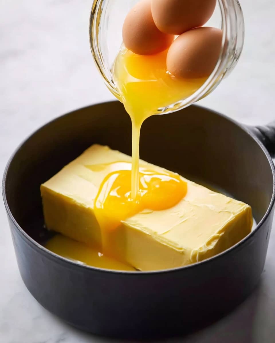 A close-up image shows a black pot on a white marbled surface. Inside the pot, there is one large rectangular block of pale yellow butter sitting flat. Above the pot, a clear glass cup is tilted, pouring two raw egg yolks and egg whites with a bright yellow and slightly transparent liquid flowing down directly onto the butter, creating a shiny wet texture. The background is blurred and white marbled. photo taken with an iphone --ar 4:5 --v 7