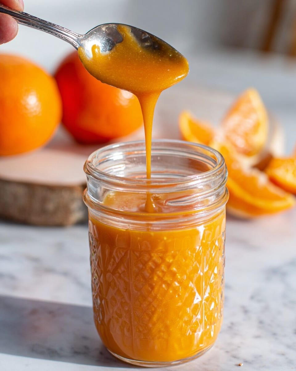 A clear glass jar with a diamond pattern is filled with thick, smooth bright orange sauce. The sauce is being poured from a shiny silver spoon held by a woman's hand, with the sauce slowly falling back into the jar in a thick stream. In the blurred background, there are two whole oranges, one is cut in half, resting on a white marbled surface. The light shines naturally onto the jar and the sauce, giving it a fresh and vibrant look. Photo taken with an iphone --ar 4:5 --v 7
