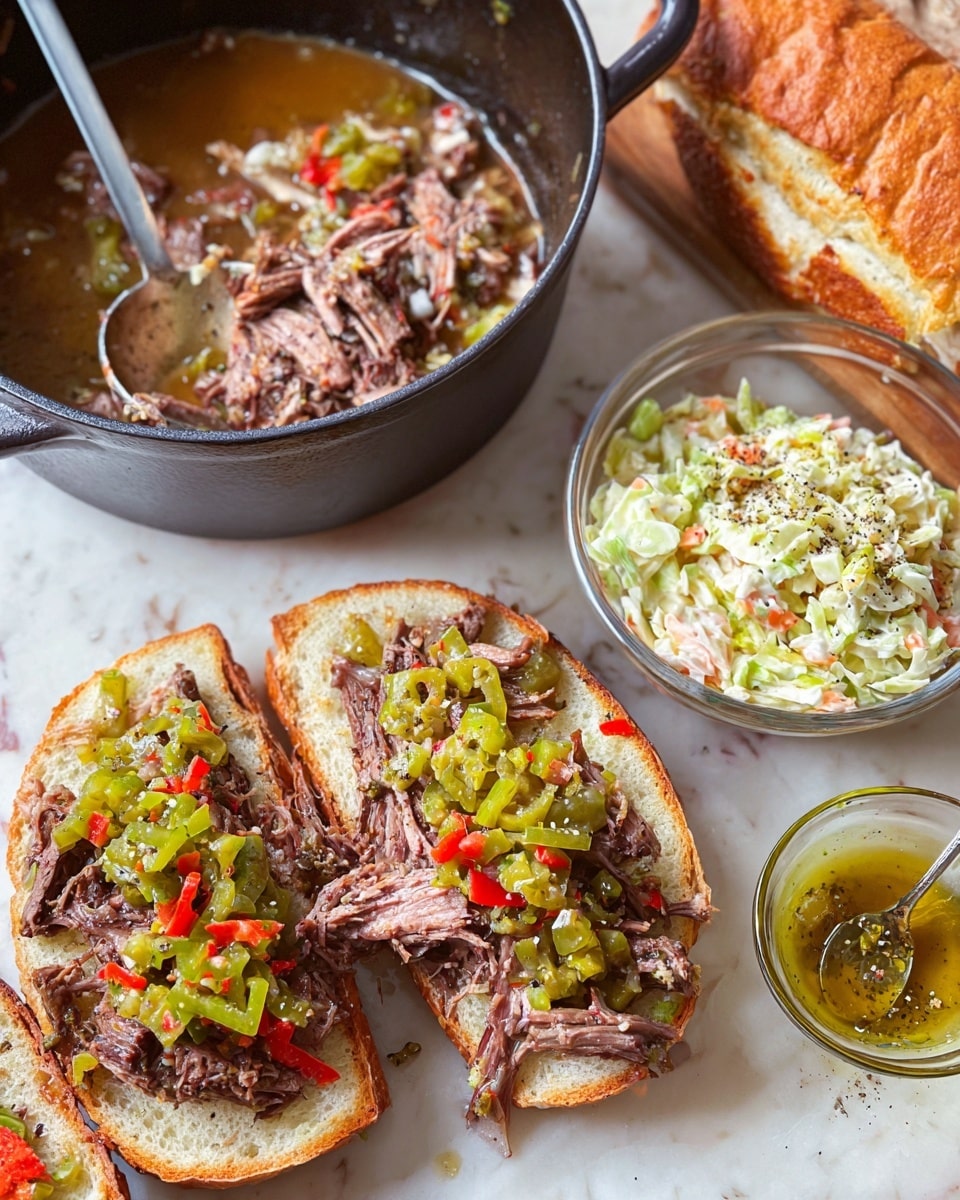 The image shows an open sandwich with two thick slices of toasted bread in a creamy light brown color; on the bread, there is a thick layer of shredded cooked meat that looks tender and juicy in dark brown and reddish tones. On top of the meat, there are chopped green and red pickled peppers adding bright green and red colors and a slightly glossy texture. Behind the sandwich, there is a black pot filled with more shredded meat and pickled peppers in a brown sauce, with a metal utensil inside. To the right, there is a small clear glass bowl with some pickled peppers and oil with a spoon resting in it, and next to that, a white bowl filled with creamy coleslaw made of chopped cabbage and carrots, sprinkled lightly with black pepper. All items are placed on a white marbled surface. photo taken with an iphone --ar 4:5 --v 7