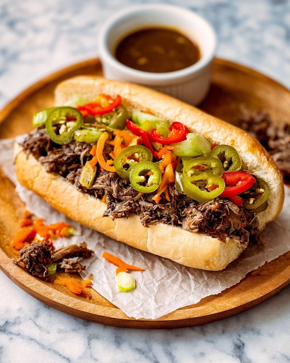 A sandwich with two main layers on a white hoagie roll: the bottom layer is dark brown cooked shredded meat with a slightly chunky texture, and the top layer is a mix of sliced pickled vegetables including bright green jalapeño rings, orange carrot slices, red chili pieces, and light green celery chunks. The sandwich sits on a piece of parchment paper on a round wooden tray with a small white bowl of brown sauce behind it, all placed on a white marbled surface. Some pieces of shredded meat and pickled vegetables are scattered around the sandwich. Photo taken with an iphone --ar 4:5 --v 7