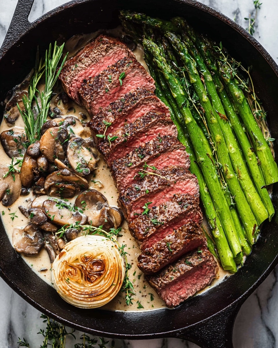 A black cast iron skillet filled with a delicious meal on a white marbled surface. The dish has five slices of pink-centered steak with a browned crust, placed slightly slanted in the middle. To the left of the steak, there is creamy white mushroom sauce with soft brown mushroom slices mixed in, garnished with green herbs and a sprig of rosemary. Below the steak, a roasted garlic bulb with a golden toasted top sits, its cloves showing inside. To the right of the steak, bright green grilled asparagus spears are neatly lined up with a light sheen from oil and small sprigs of thyme scattered on top. The whole dish looks savory and fresh, photo taken with an iphone --ar 4:5 --v 7